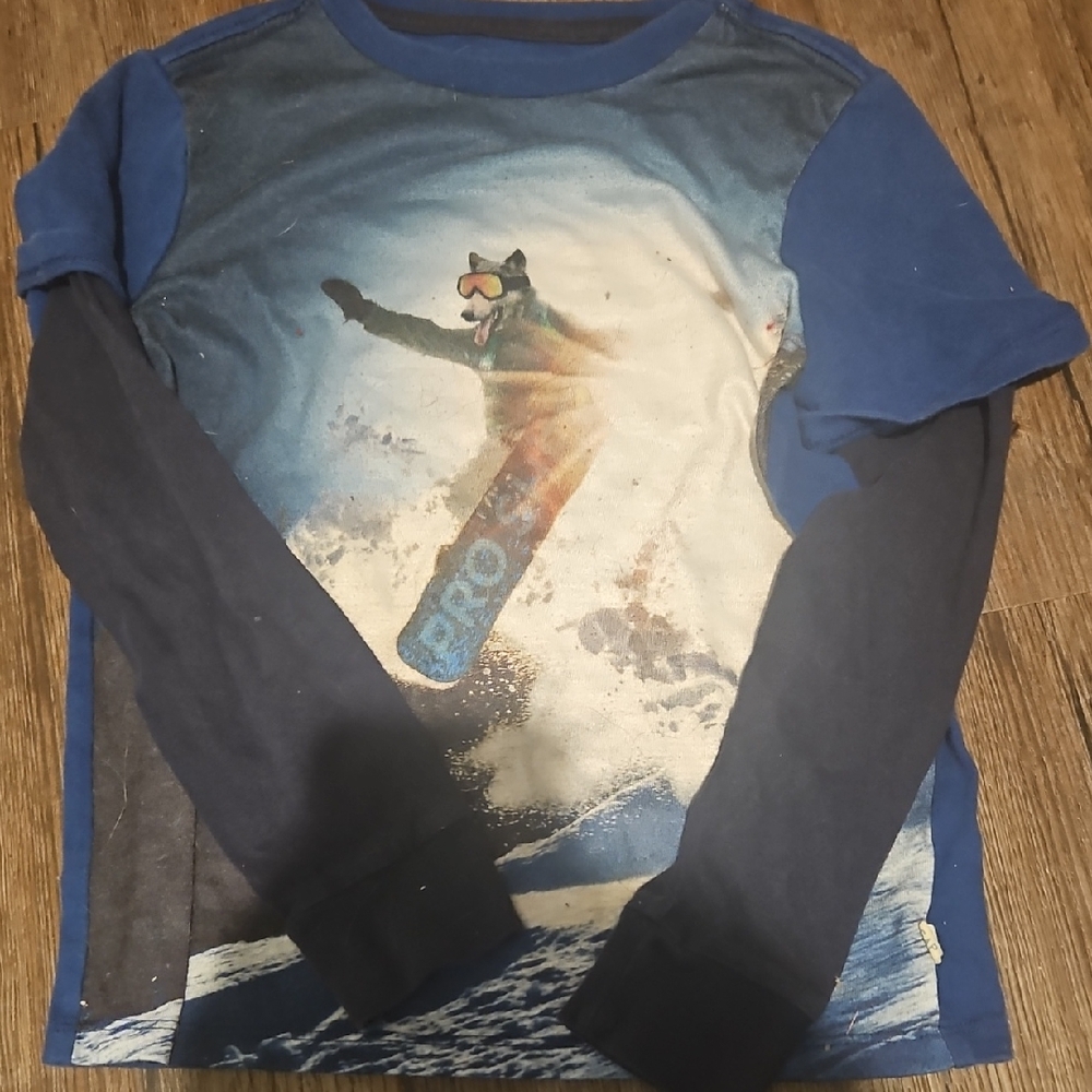 Good Condition GAP Kids Sz. 6/7 Navy Layered 👕 🐺🏂 Graphic Long Sleeve Shirt